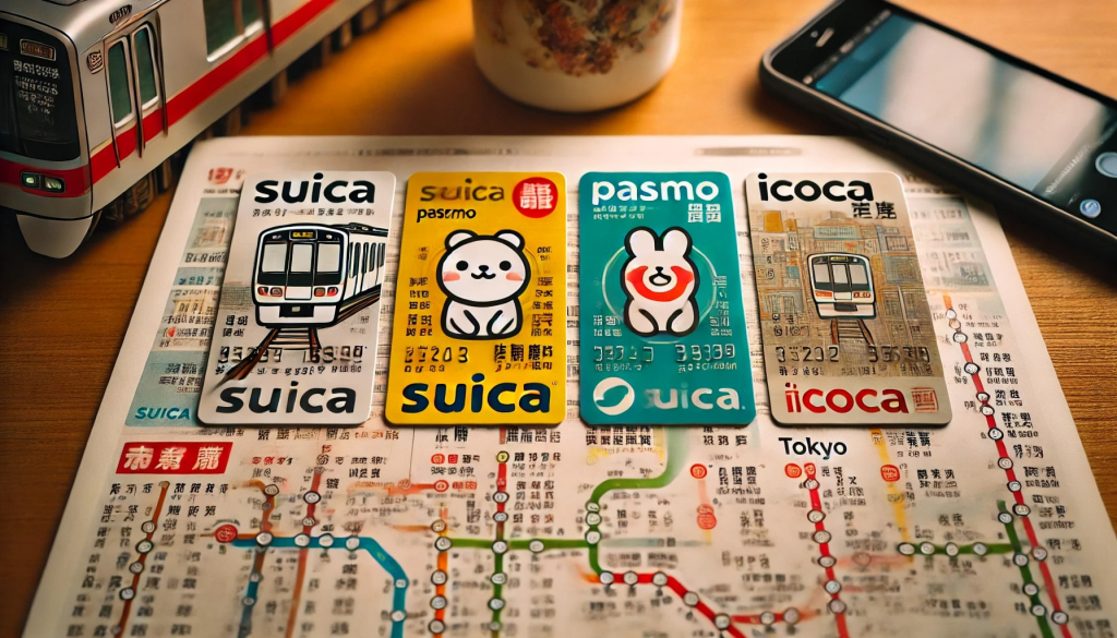 Suica, Pasmo и ICOCA на фоне карты Токио