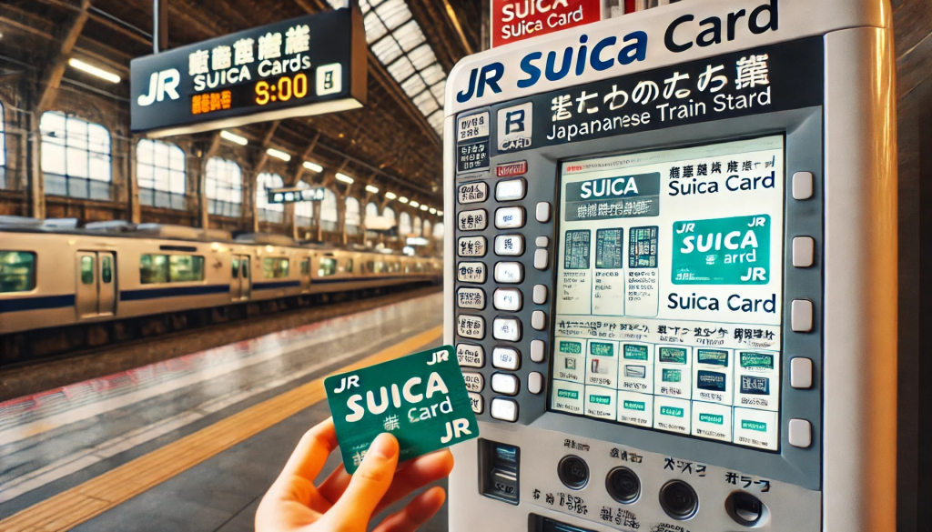 автомат для продажи карт Suica на станции JR. Видны экраны с инструкциями, что подчёркивает простоту процесса покупки карты в реальных условиях японского вокзала